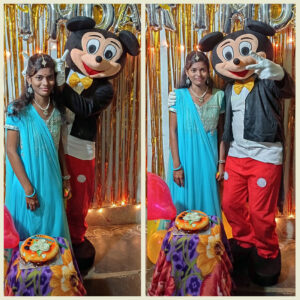 surprise to sister with mickey mascot